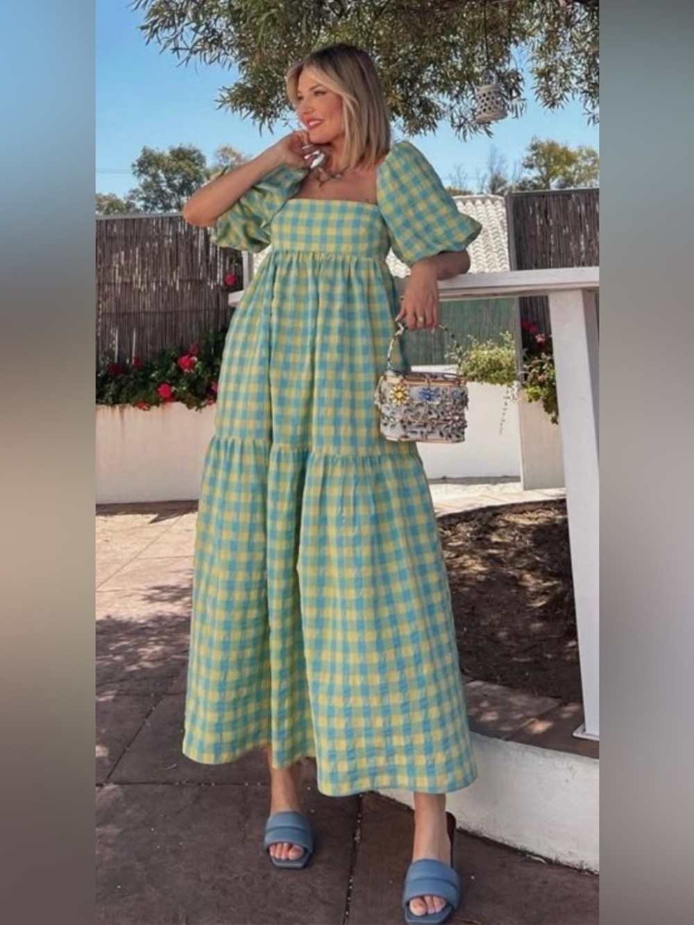 Zara Yellow and Light Blue Gingham Maxi Dress